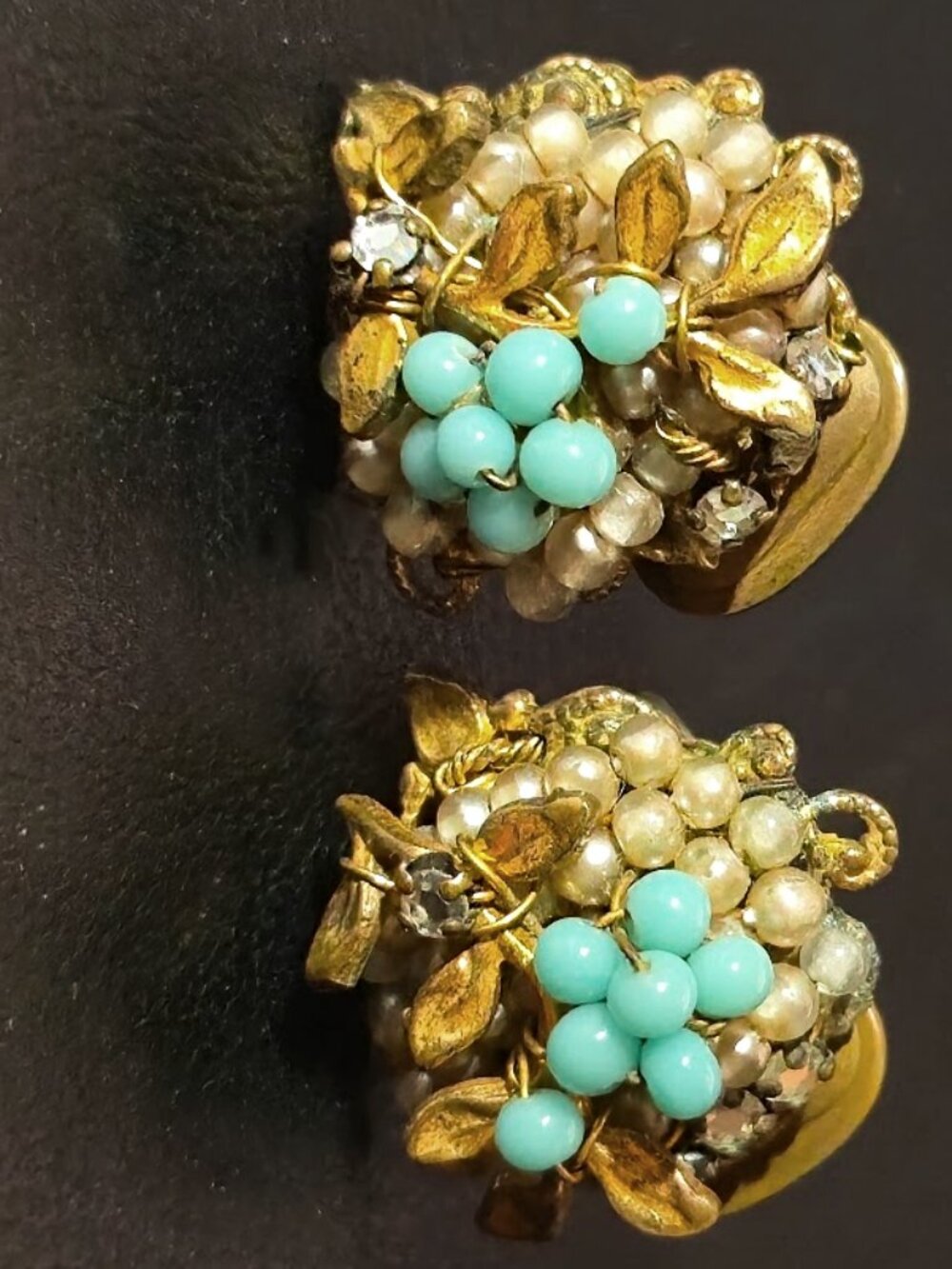 Rare Vintage signed Demario NY floral gold seed pearl & rhinestone clip earrings